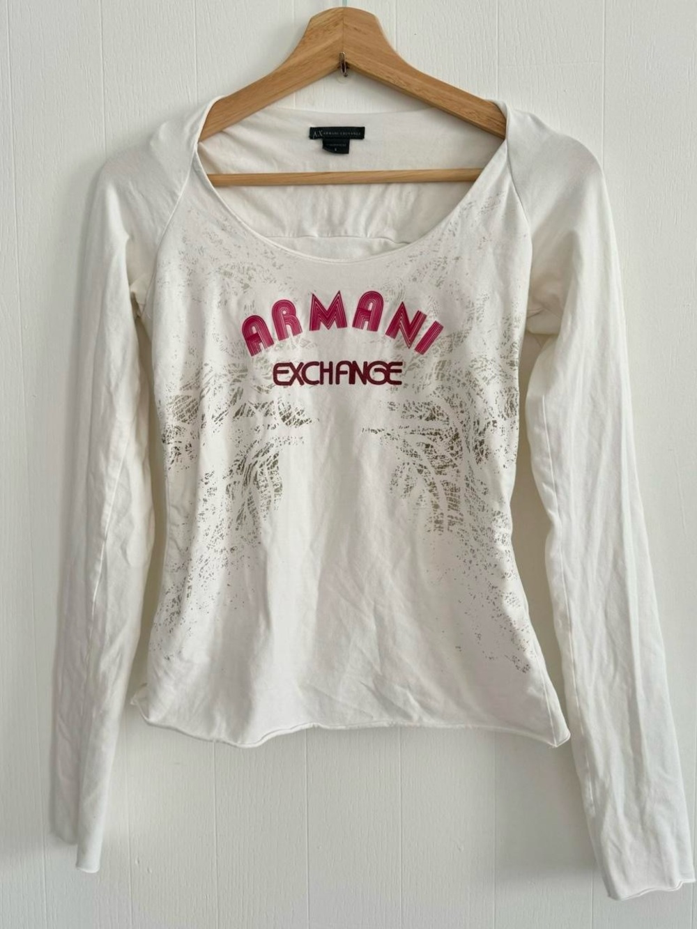 Armani Exchange pink and white logo graphic long sleeve shirt